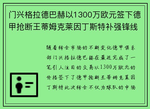 门兴格拉德巴赫以1300万欧元签下德甲抢断王蒂姆克莱因丁斯特补强锋线