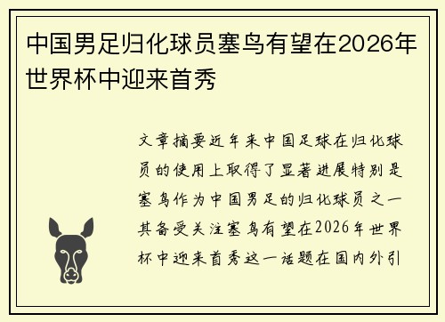 中国男足归化球员塞鸟有望在2026年世界杯中迎来首秀 中国男足归化球员塞鸟有望在2026年世界杯中迎来首秀